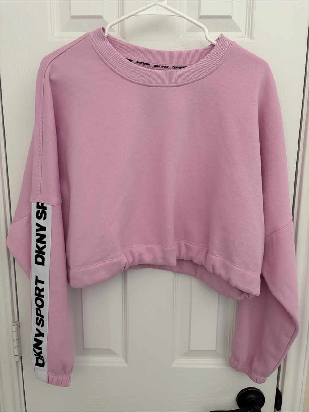 DKNY Pink Cropped Crewneck Sweatshirt with Branded Sleeve Tape